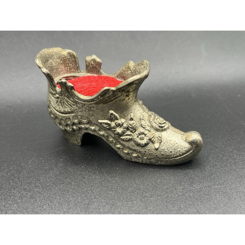 Pincushion Shoe Silver Plated Vintage - 3" w/ Red Pincushion Sewing Stitching